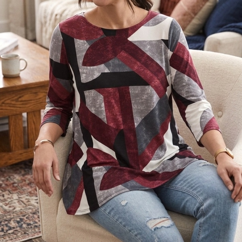 Alfani Tunic Top - Size PXL - Abstract Geometric Print 3/4 Sleeve